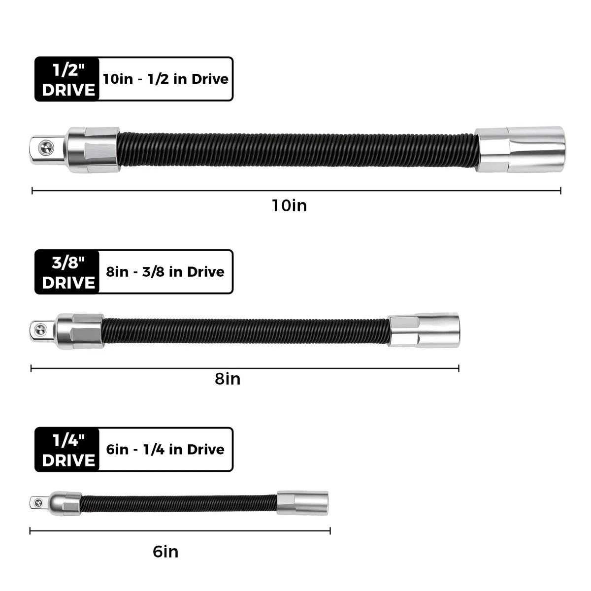 Flexible Socket Extension Bar Set 3-Piece 1/2" 3/8" 1/4" Shaft Drive 10" 8" 6"-Spring-Loaded Detent Balls to Prevent Slipping, fathersdaygift fathersdaygift